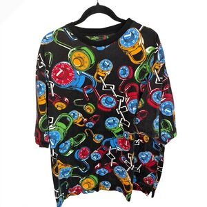 Vintage Y2K Raw Blue Mens XL Black Combination Lock All Over Print Graphic Tee